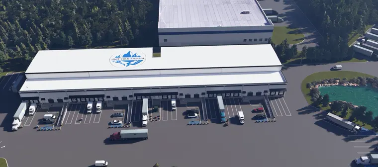Aerial view of the Norton, Massachusetts facility: the full building, dock face and truck court.